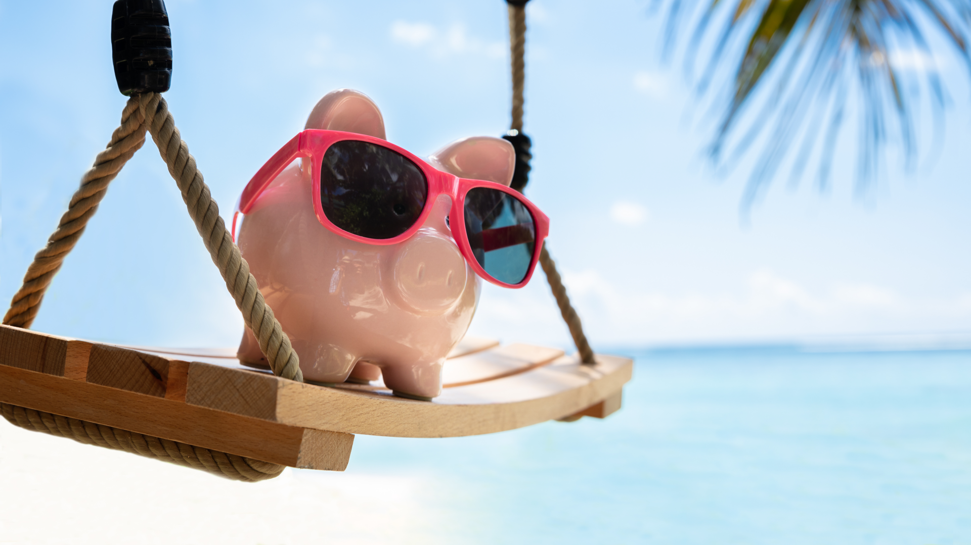 Pink Piggybank With Sunglasses On Wooden Swing