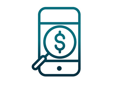 Cellphone icon with a dollar bill sign and magnifying glass